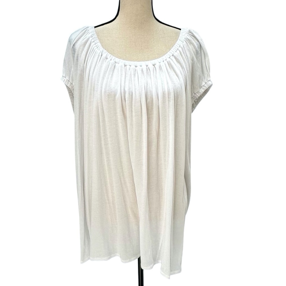 DKNY WHITE COTTON ELASTIC NECK ON/OFF SHOULDER OVERSIZED FLOWY T-SHIRT